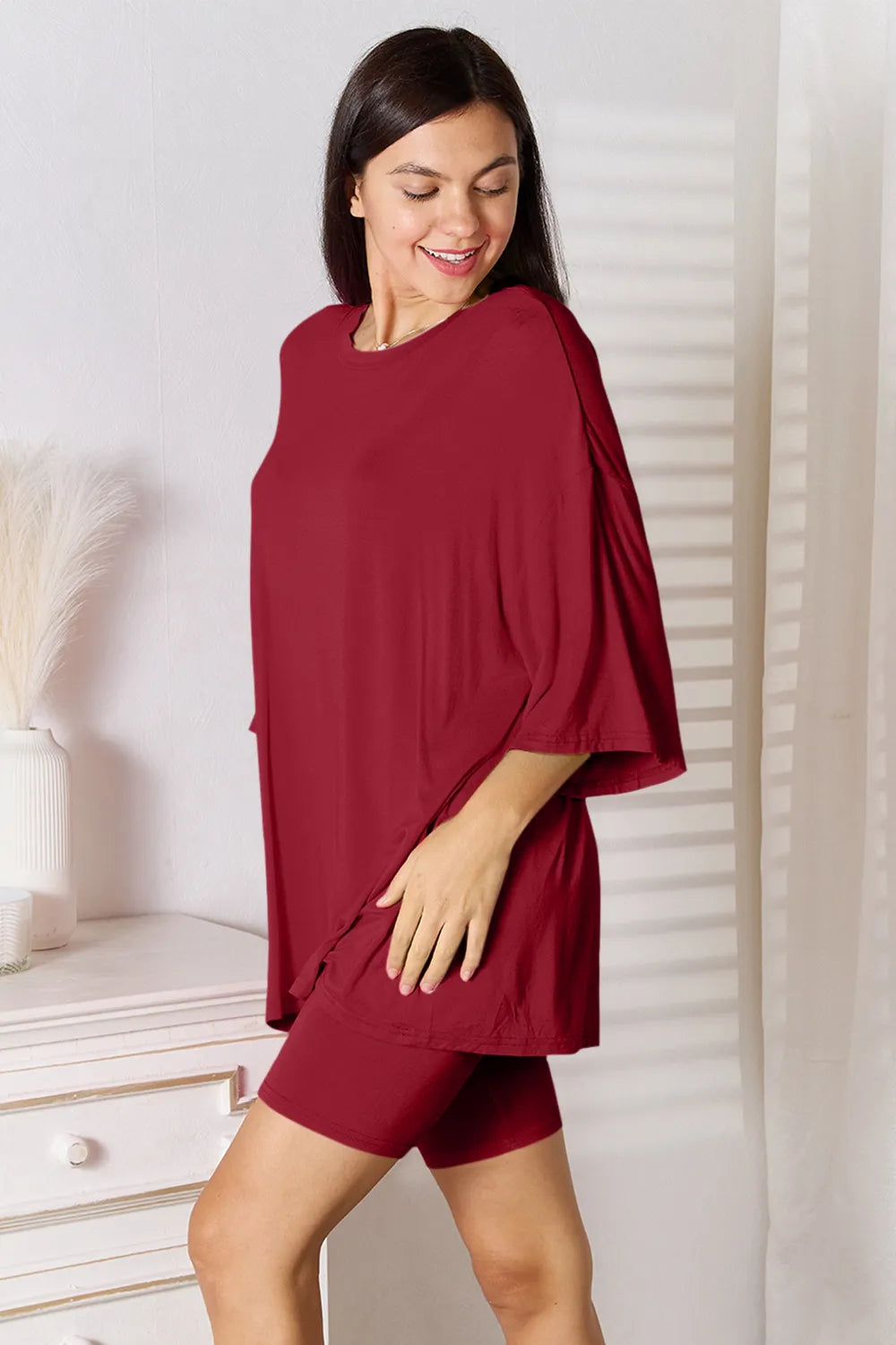 Plus Size Soft Rayon Three-Quarter Sleeve Top and Shorts Set in Sky Blue for Women
