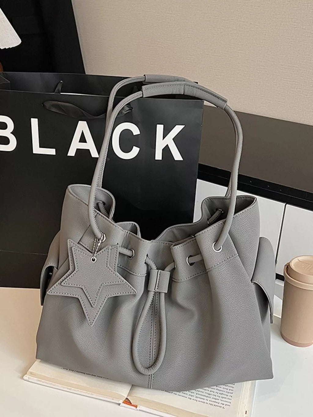 Drawstring Shoulder Bag with Star Charm for Women