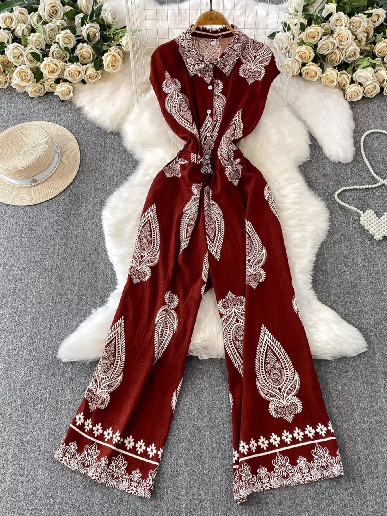 Green Button Front Wide Leg Jumpsuit for Women