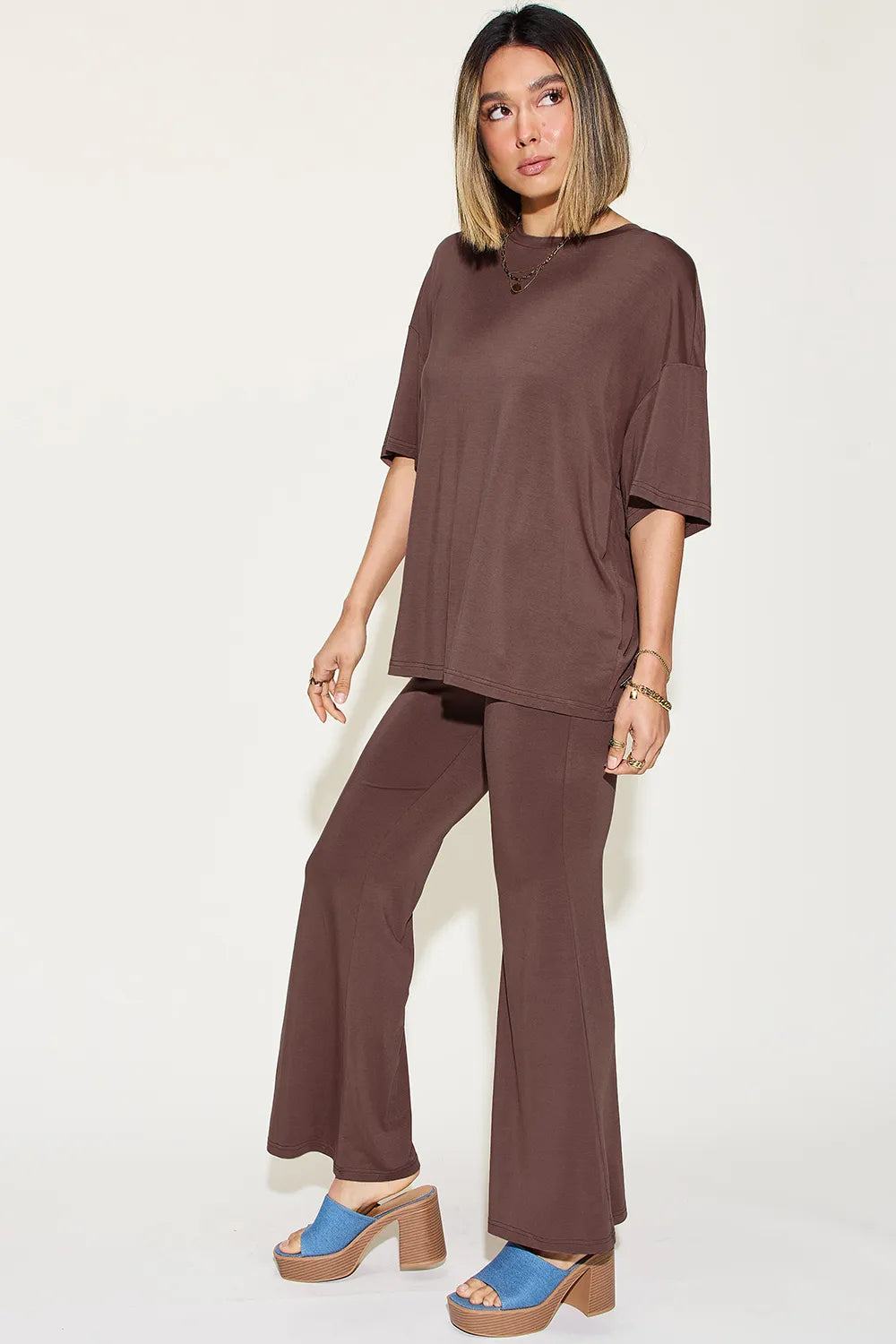 Plus Size Bamboo Drop Shoulder T-Shirt and Flare Pants Set in Coral for Women