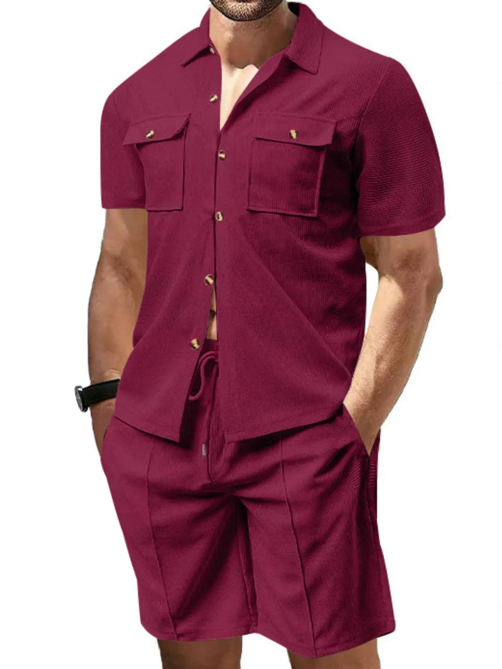 Button Down Short Sleeve Top and Shorts Set Plus Size in Black for Men