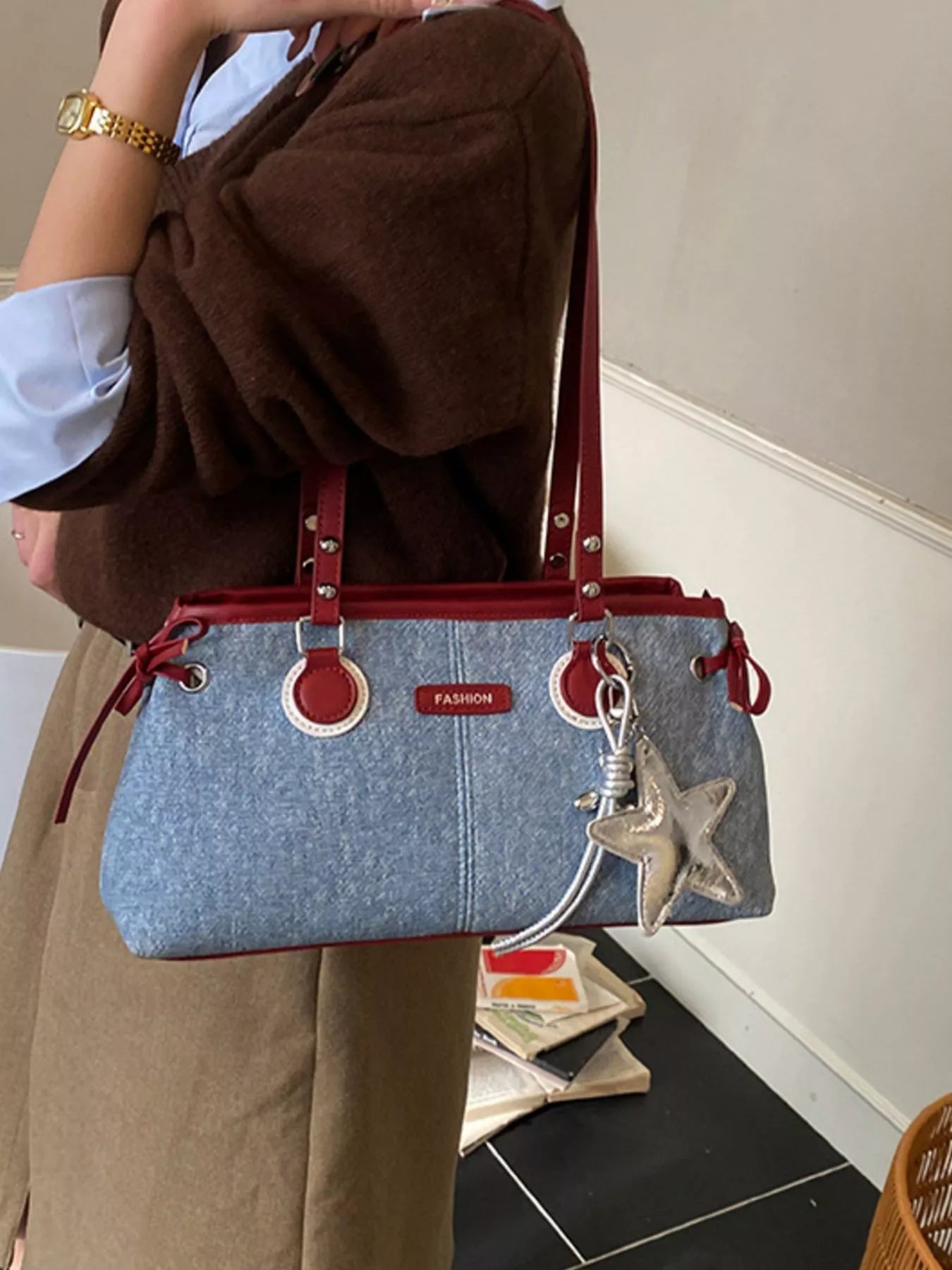 Denim Shoulder Bag with Star Charm for Women
