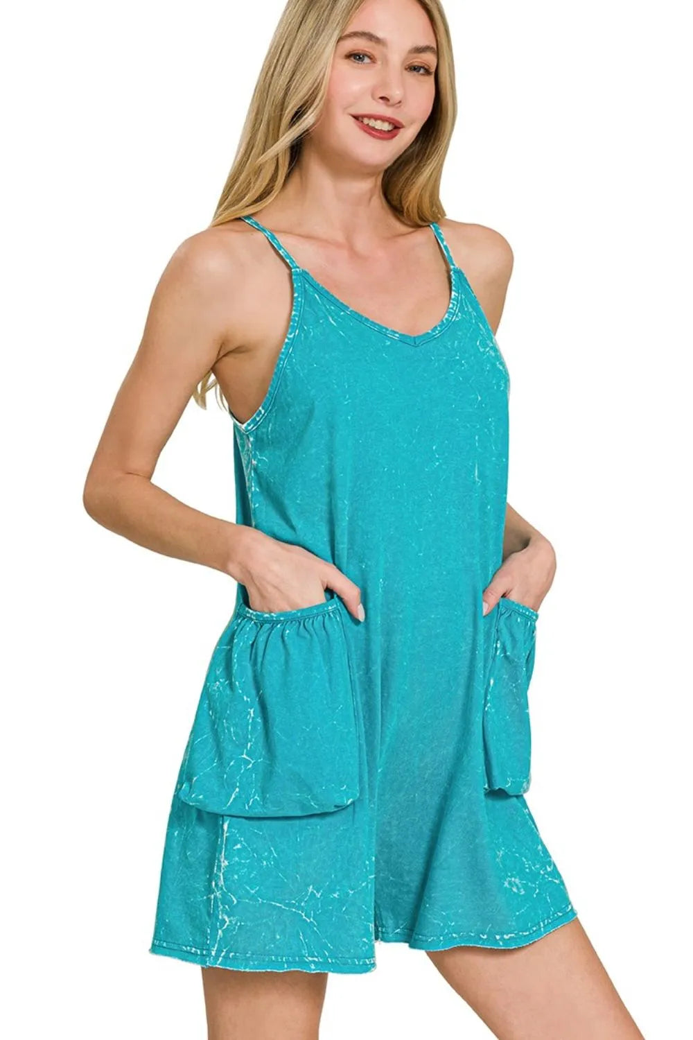 Acid Crinkle Washed Spaghetti Strap Romper in Light Teal for Women