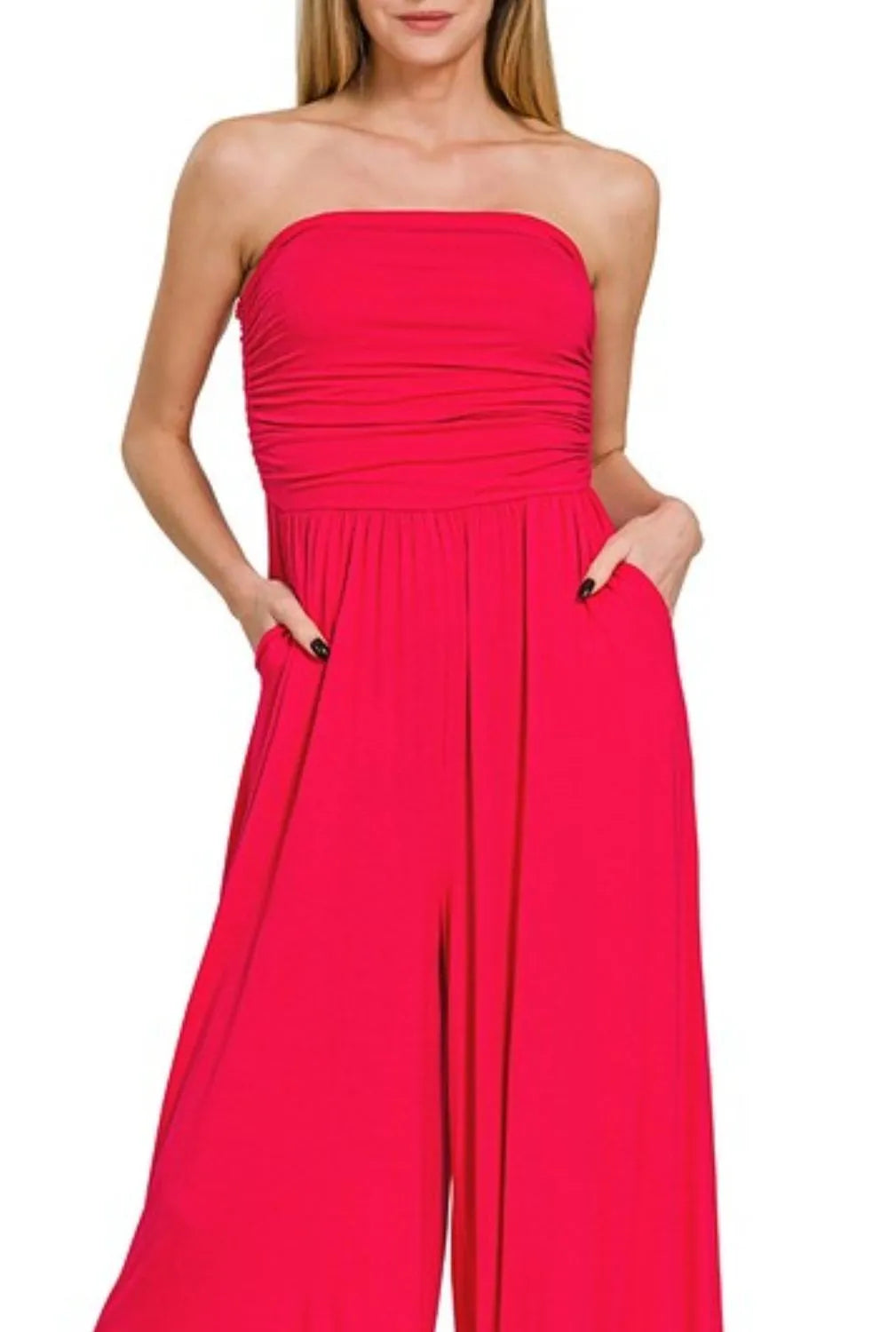 Double Layered Strapless Tube Top Jumpsuit in Ruby for Women