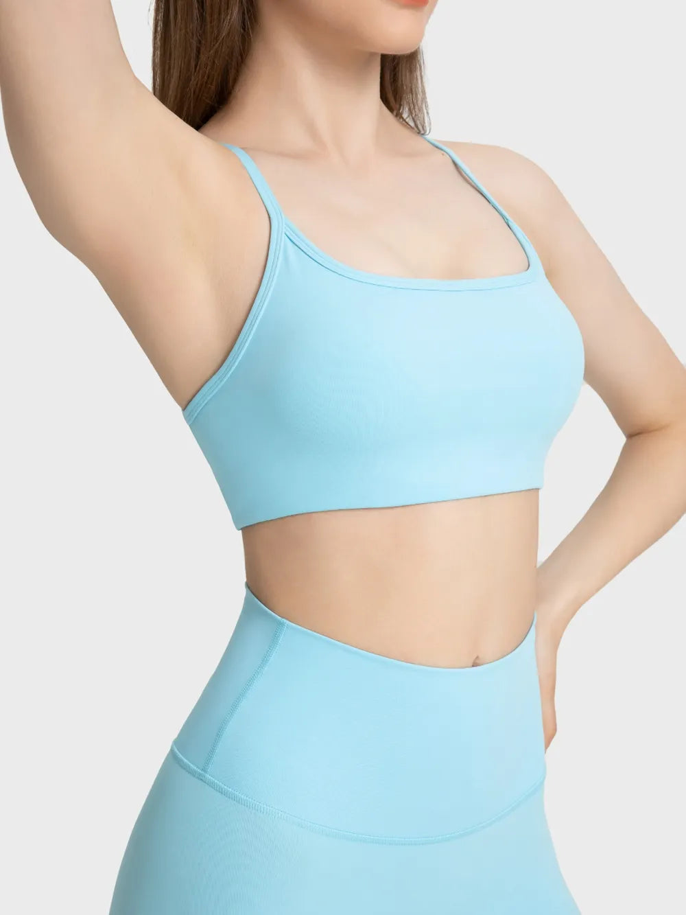 Crisscross Back Scoop Neck Active Cami with Detachable Chest Pads in Light Blue for Women