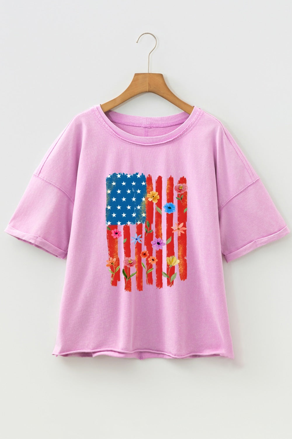 Floral American Flag Printed Raw Edge Cotton Tee in Pink Purple for Women