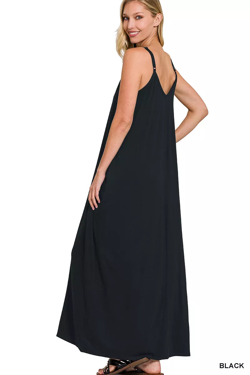 V-Neck Cami Maxi Dress with Side Pockets in Black for Women