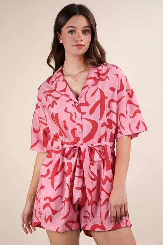 Oversized Printed Button Down Resort Romper for Women