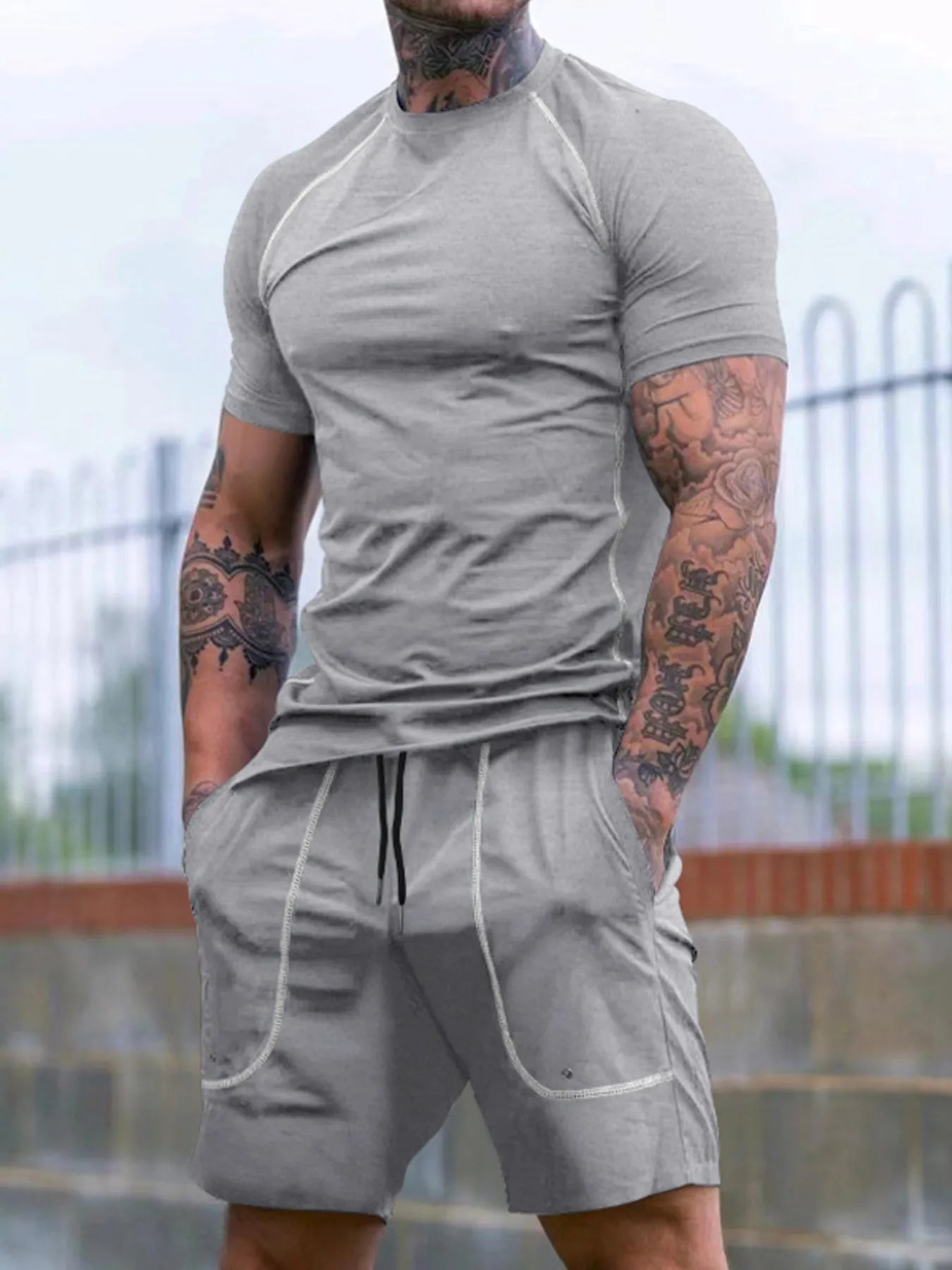 Round Neck Short Sleeve T-Shirt and Shorts Set Plus Size in Apricot for Men