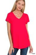 Rayon Short Sleeve V-Neck Round Hem Top in Ruby for Women
