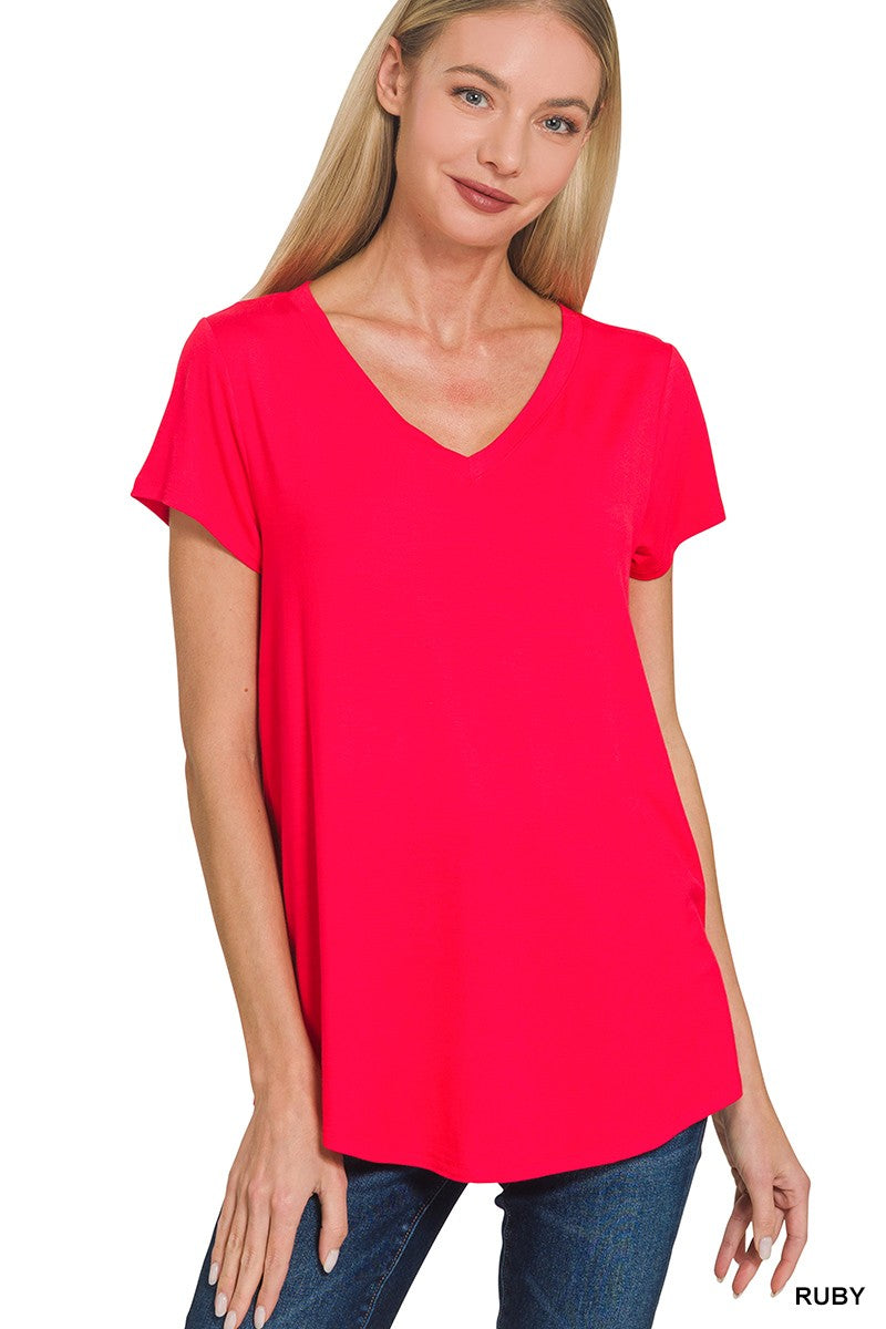 Rayon Short Sleeve V-Neck Round Hem Top in Ruby for Women