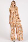 Flower Print Gathered Bust Sleeveless Jumpsuit in Ginger for Women