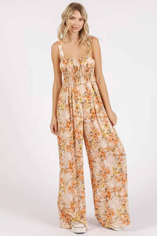 Flower Print Gathered Bust Sleeveless Jumpsuit in Ginger for Women