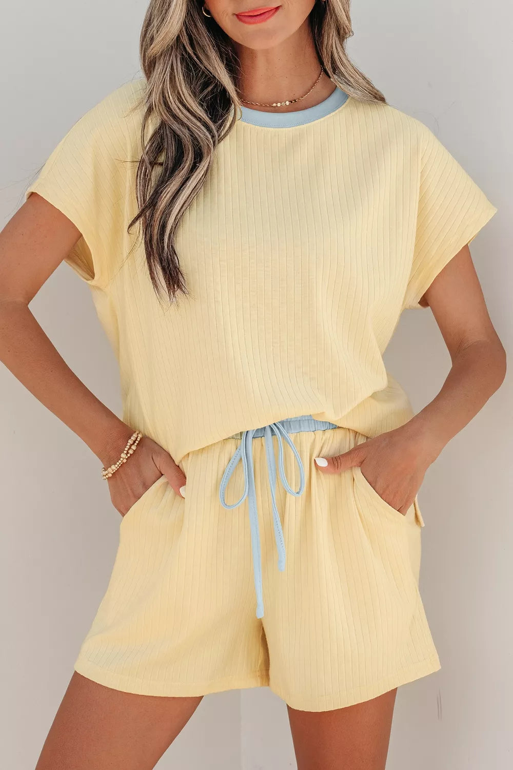 Soft Ribbed Color Block Trim Casual Shorts Set in Pastel Yellow for Women