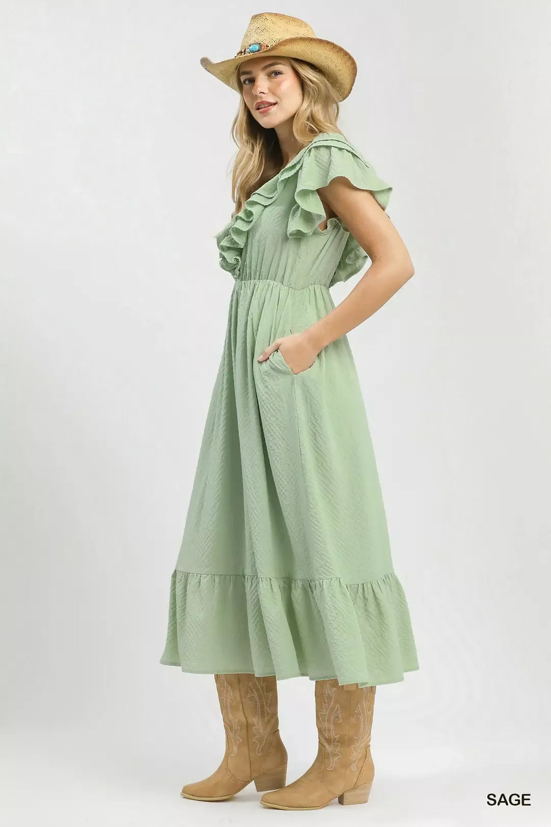 Textured Ruffle Midi Dress in Sage for Women