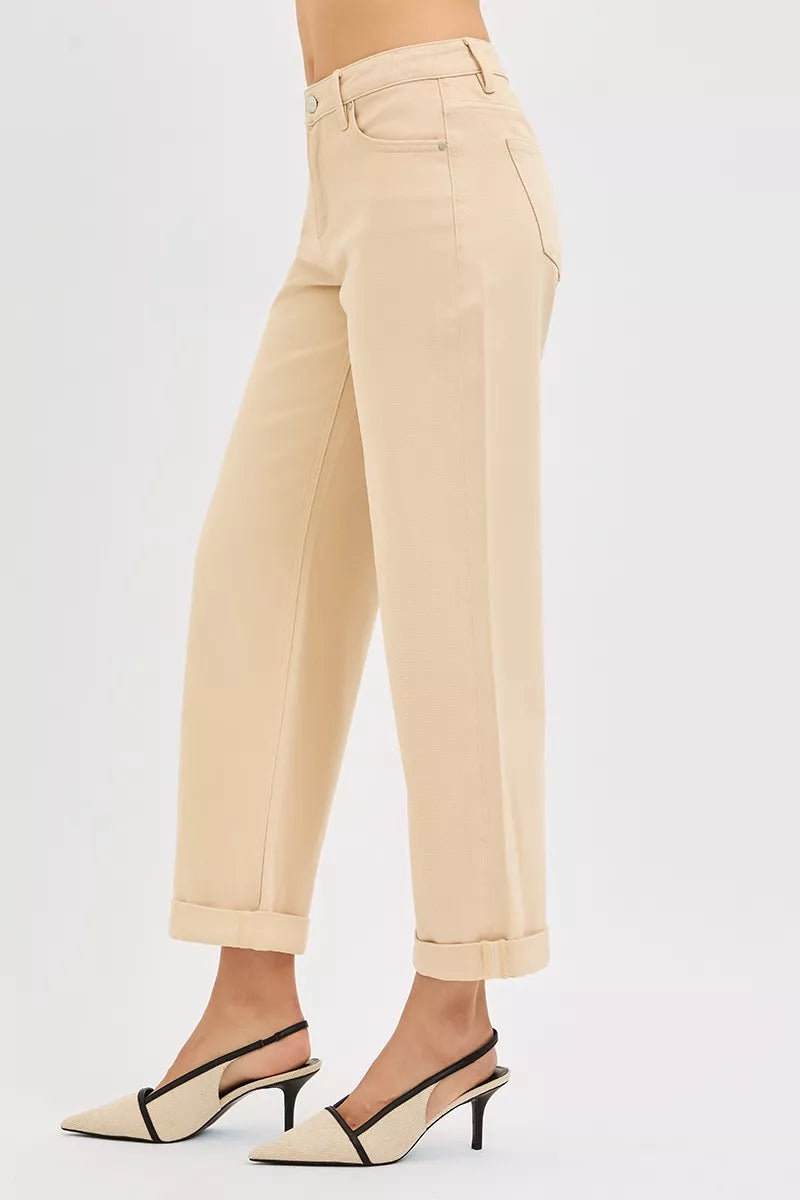 Tummy Control Mid Rise Ankle Barrel Relaxed Baggy in Butter Milk for Women