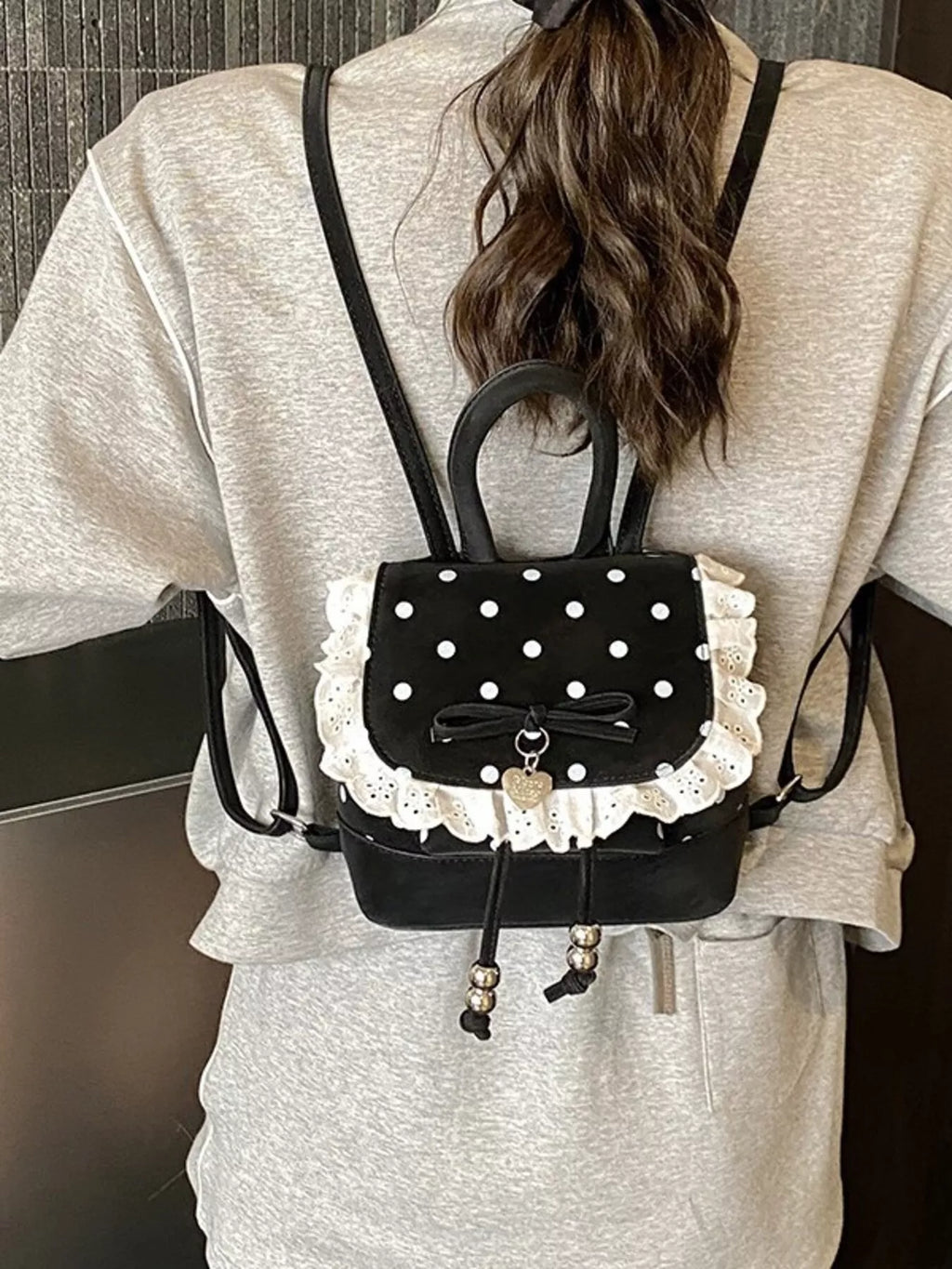 Polka Dot Lace Trim Backpack Bag in Black for Women