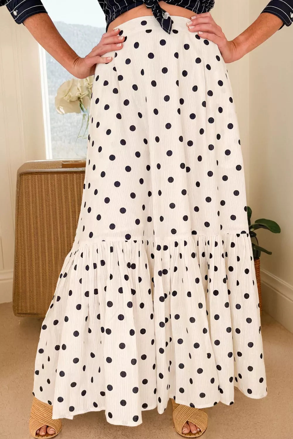 Polka Dot Ruffled Slit Maxi Skirt in Beige for Women