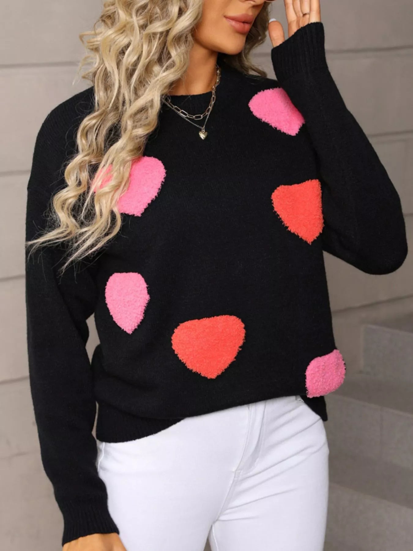 Valentines Day Heart Pattern Long Sleeve Sweater in Black for Women