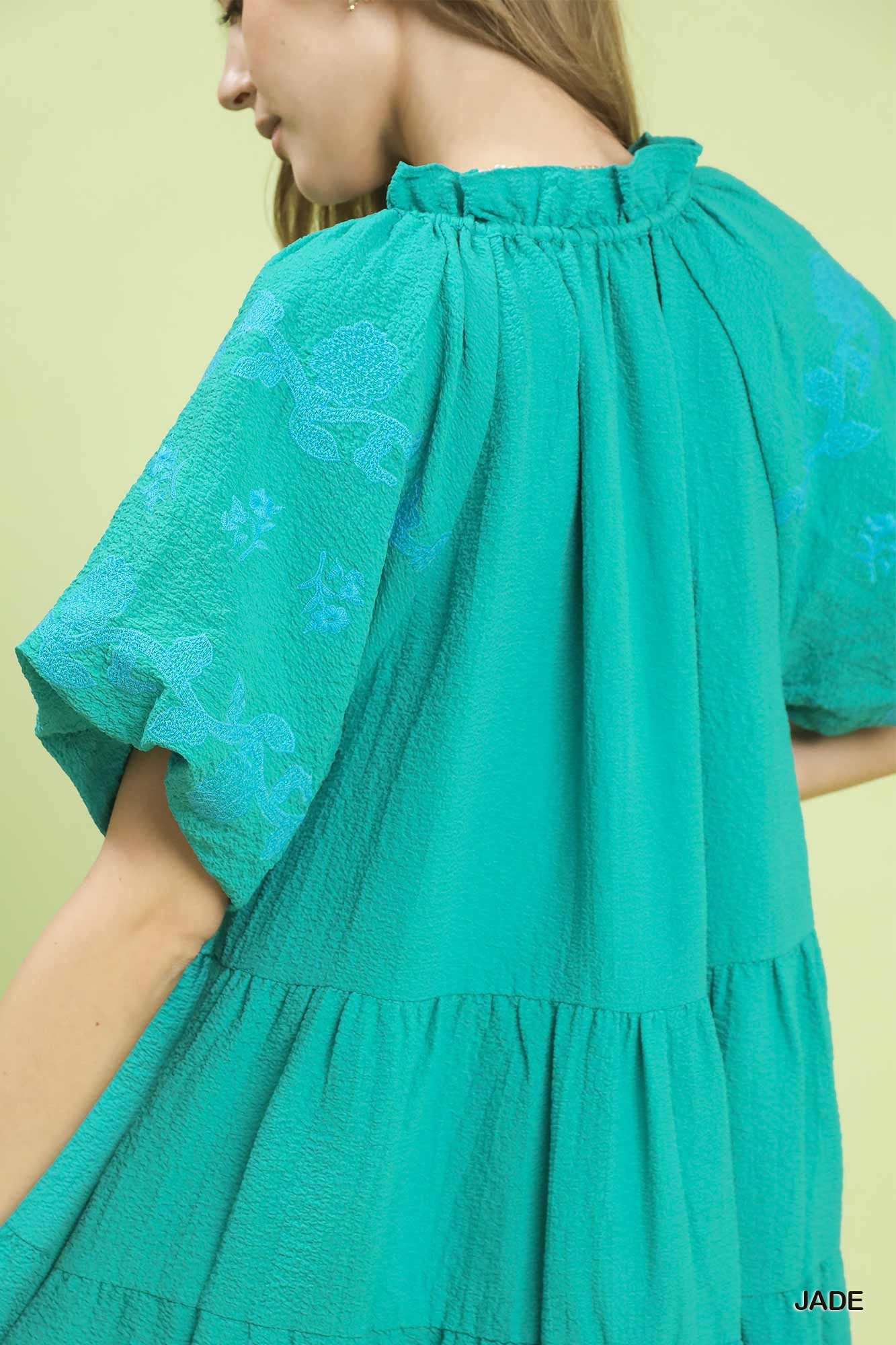 Embroidered Tiered Puff Sleeve Mini Dress for Women