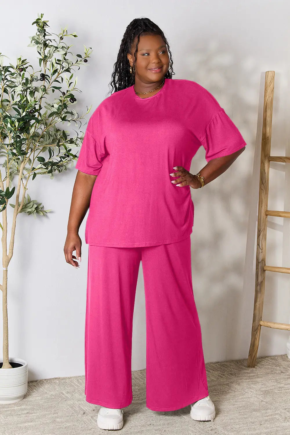 Plus Size Round Neck Slit Top and Pants Set in Hot Pink for Women