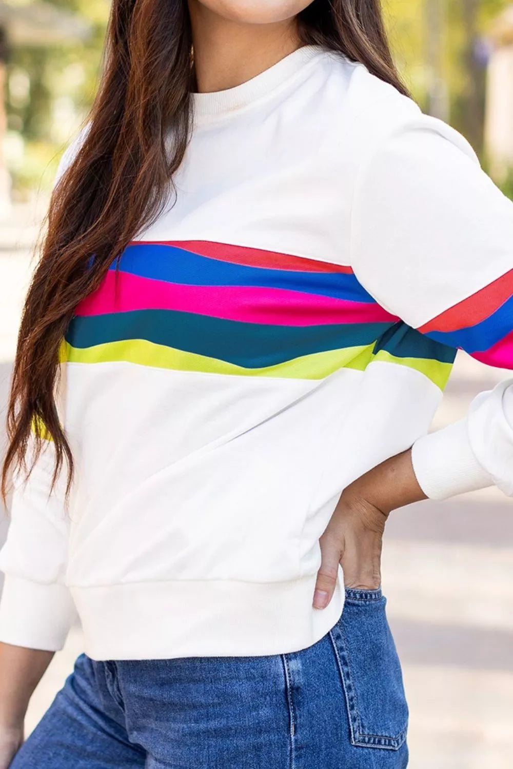 Contrast Striped Round Neck Top in White for Women