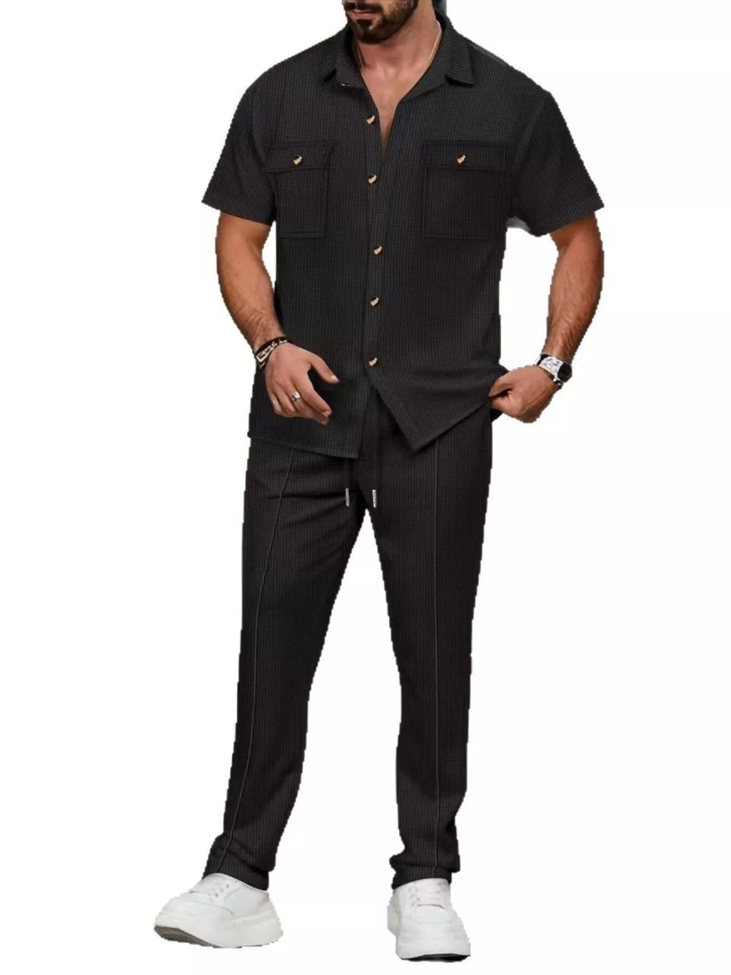 Casual Short Sleeve Shirt and Pants Set Plus Size in White for Men
