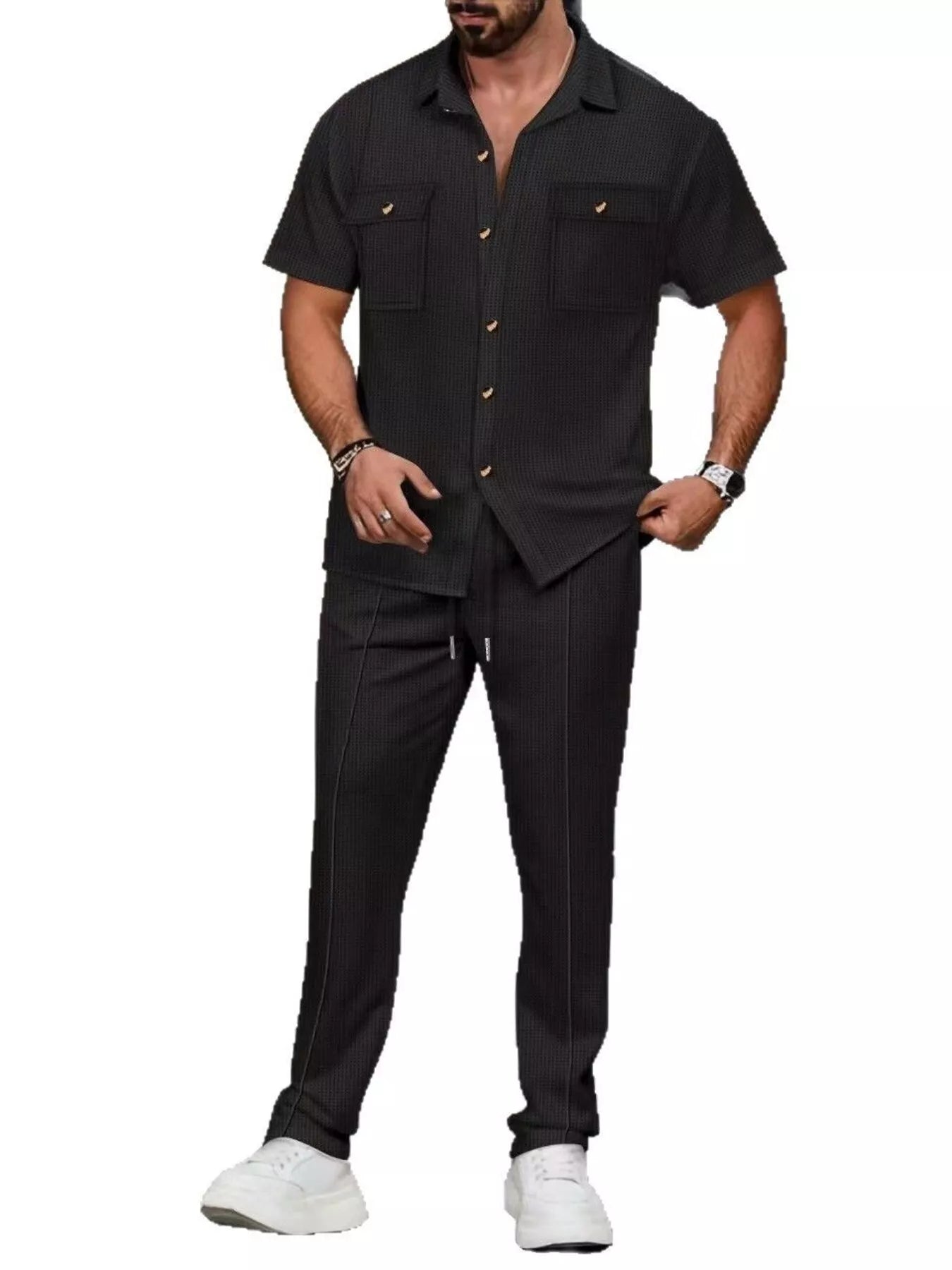 Casual Short Sleeve Shirt and Pants Set Plus Size in White for Men