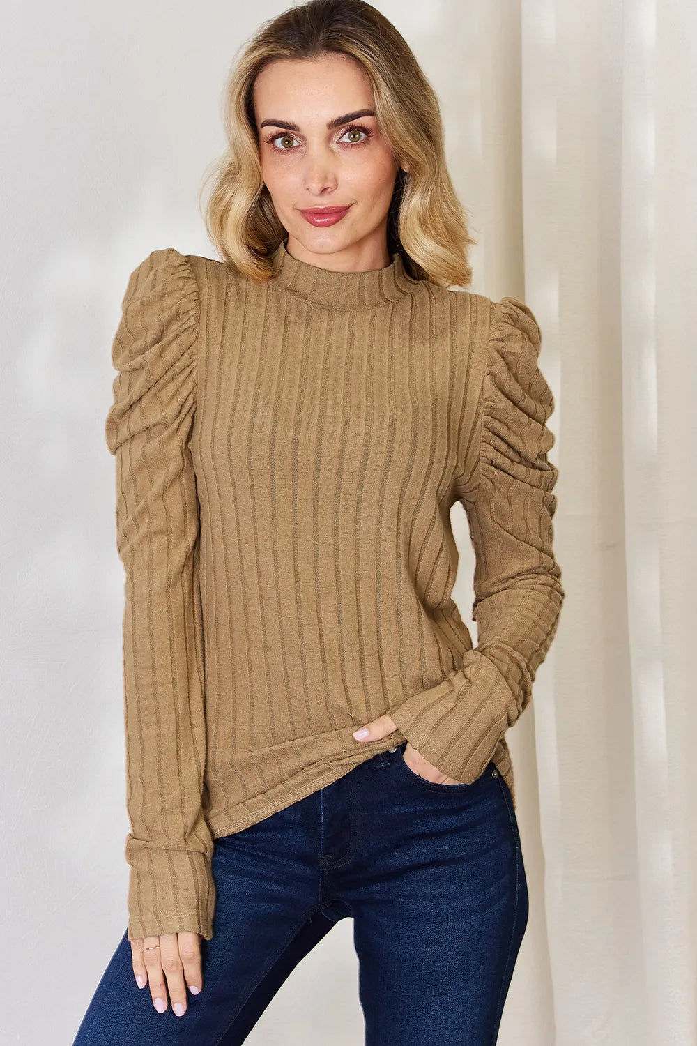 Plus Size Ribbed Mock Neck Puff Sleeve T-Shirt in Khaki for Women