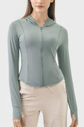 Pocketed Zip Up Hooded Long Sleeve Active Outerwear in Teal for Women