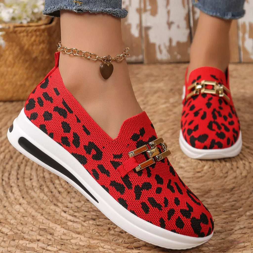 Leopard Round Toe Slip-Ons in Red Leopard Print for Women