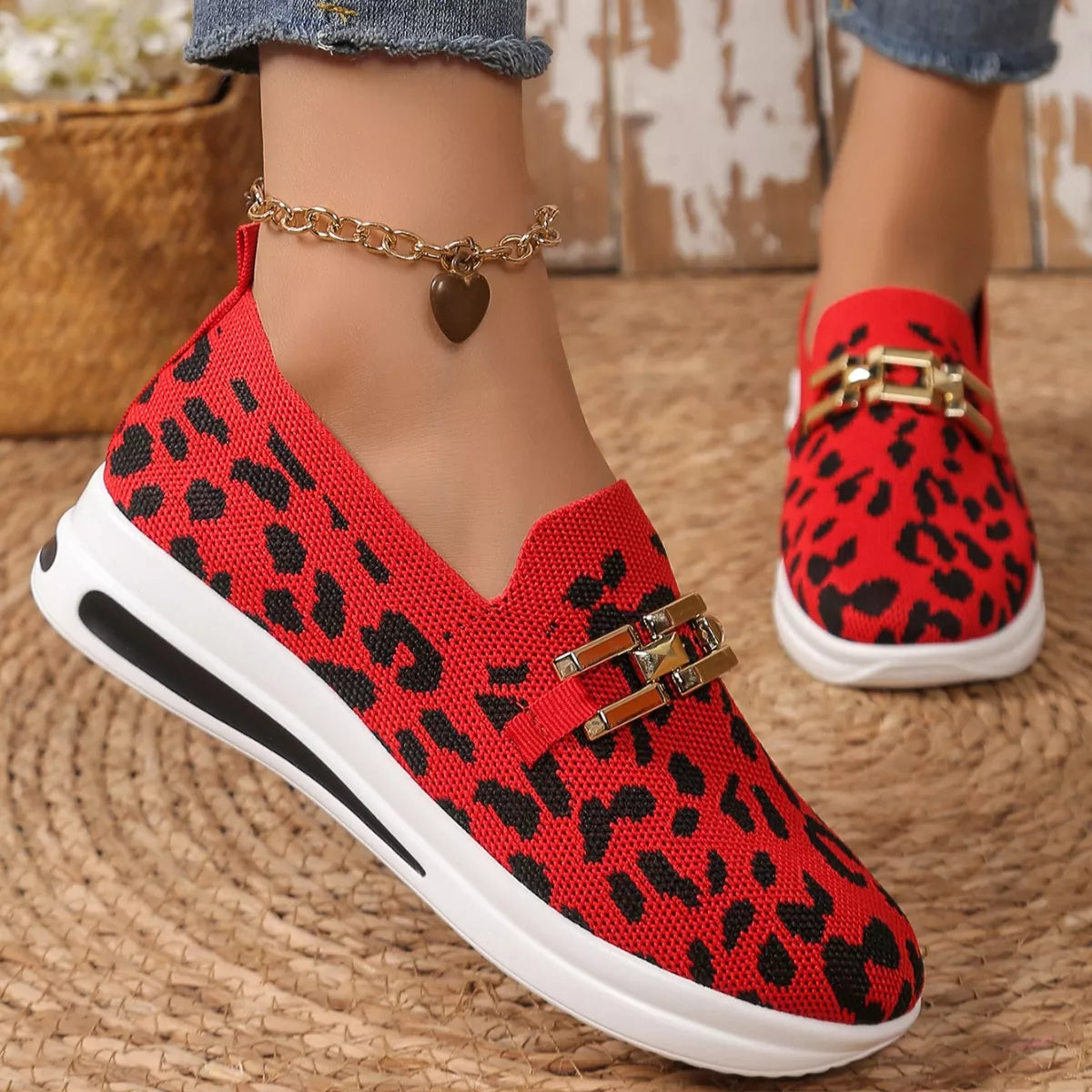 Leopard Round Toe Slip-Ons in Red Leopard Print for Women
