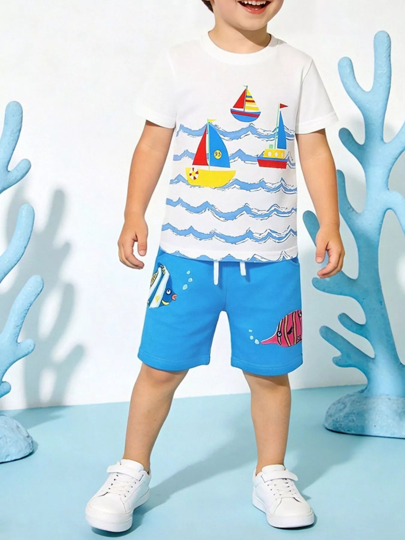 Nautical Adventure Tee and Shorts Set in White for Boys