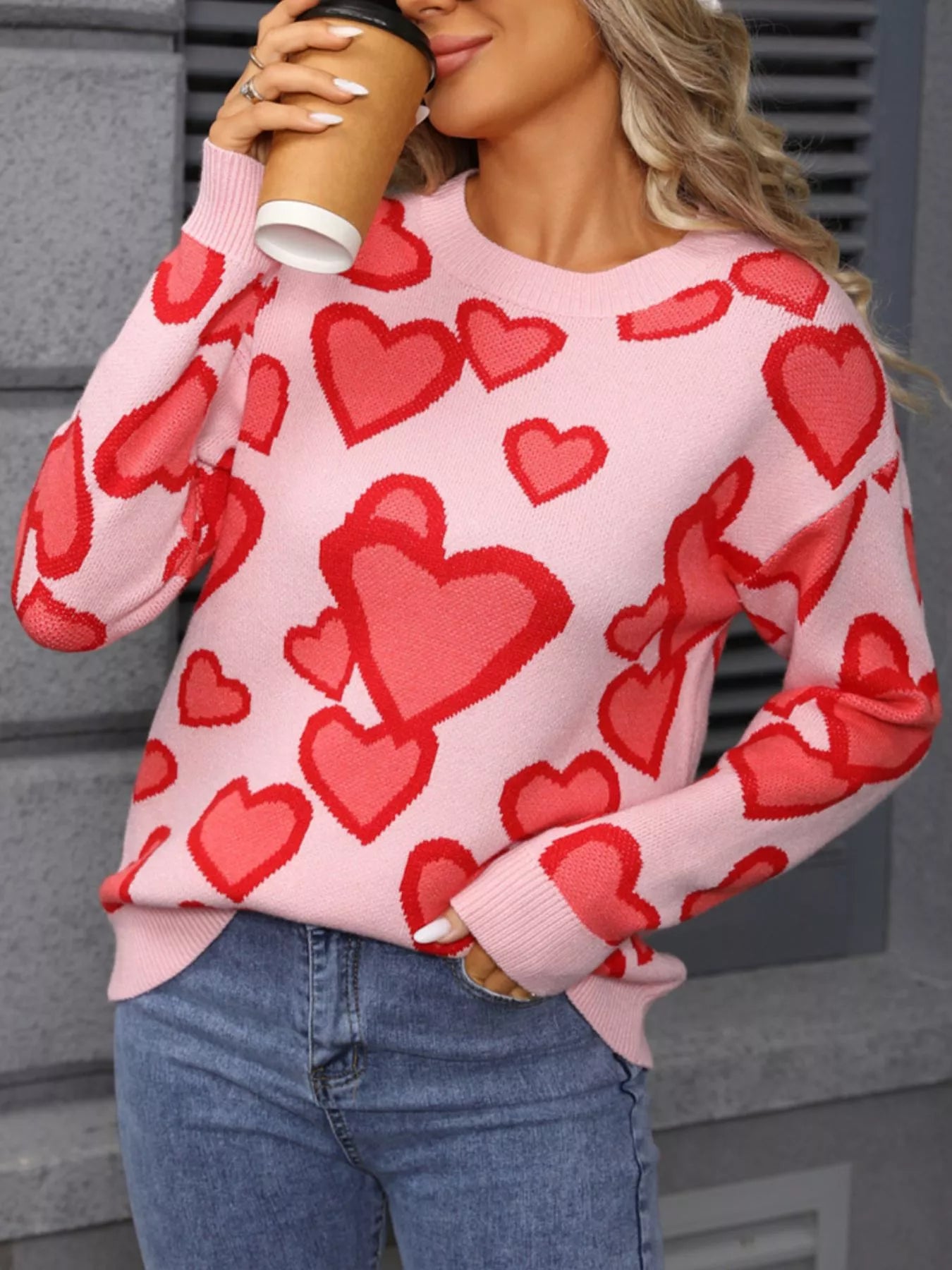 Valentines Day Heart Crew Neck Sweater in Pink for Women