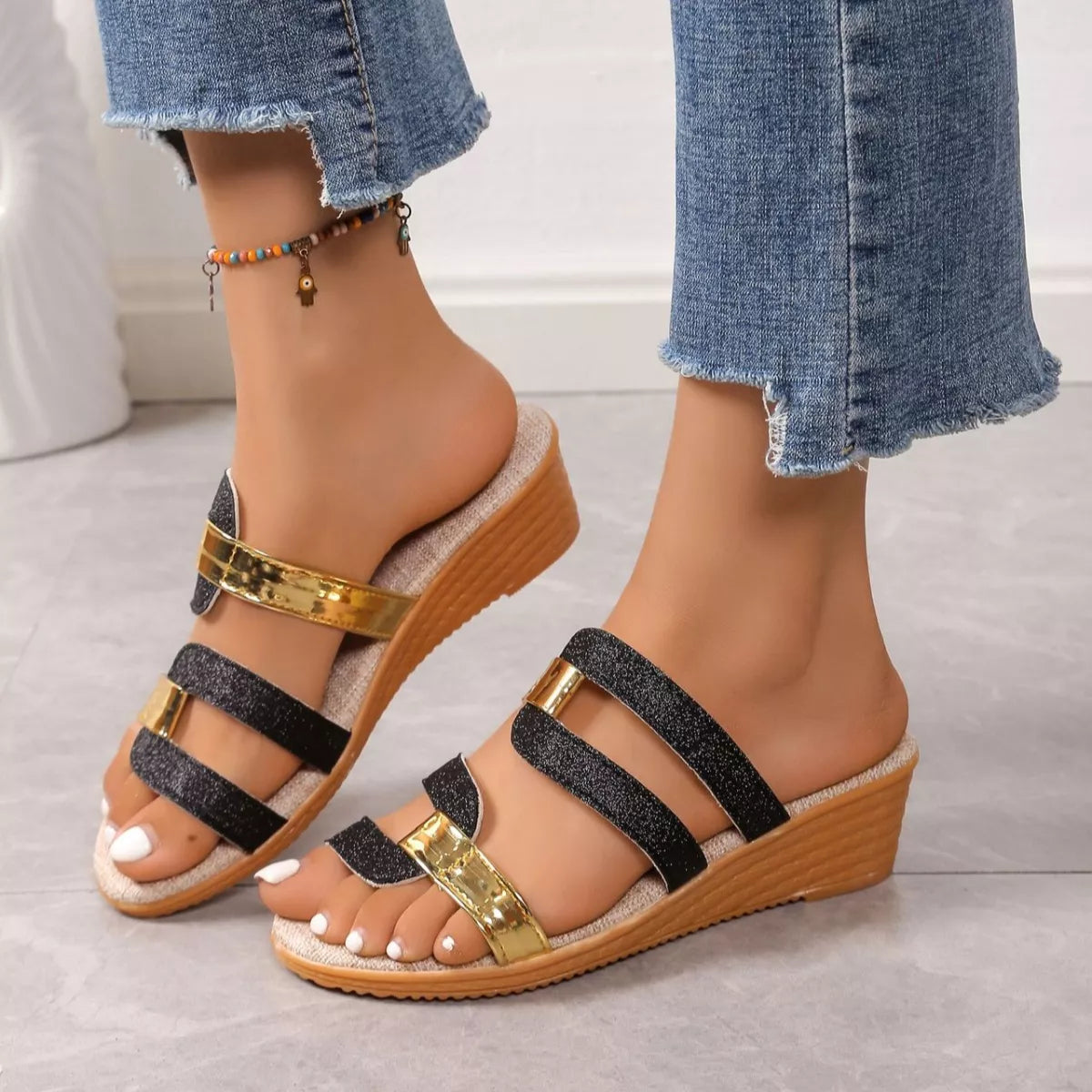 Open Toe Wedge Sandals in Black for Women