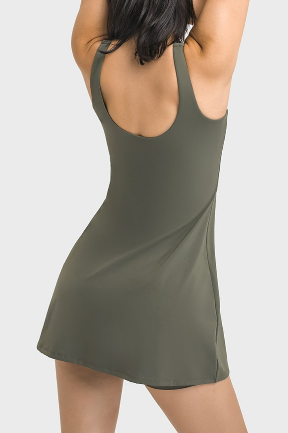 Square Neck Sports Tank Dress with Full Coverage Bottoms in Army Green for Women