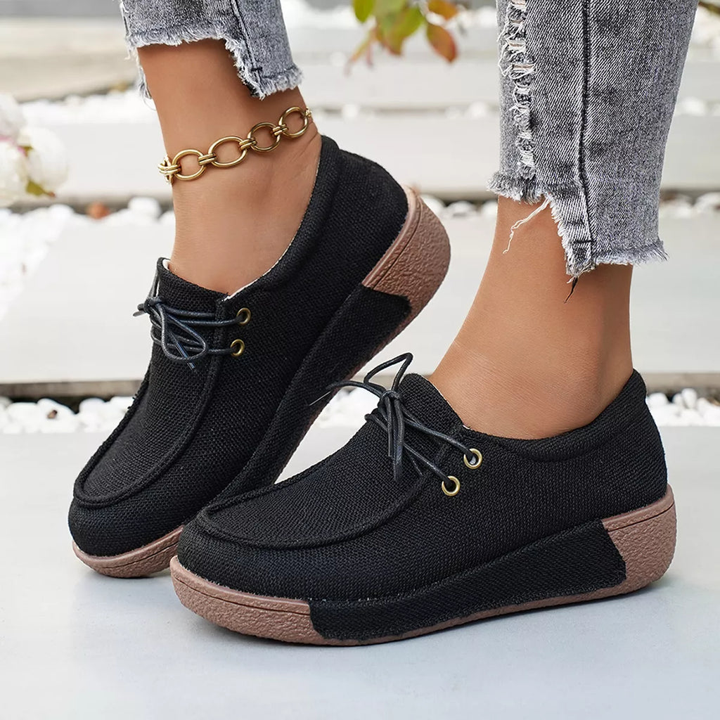Round Toe Lace-Up Sneakers in Black for Women