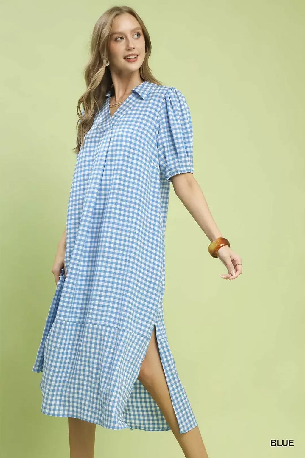 Gingham Midi Dress with Side Pockets in Blue for Women