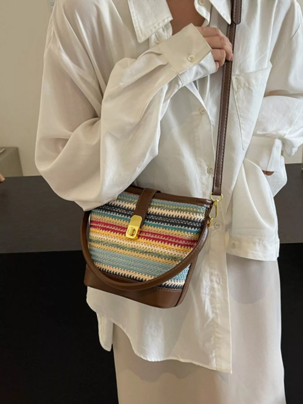 Striped Bucket Crossbody Bag for Women