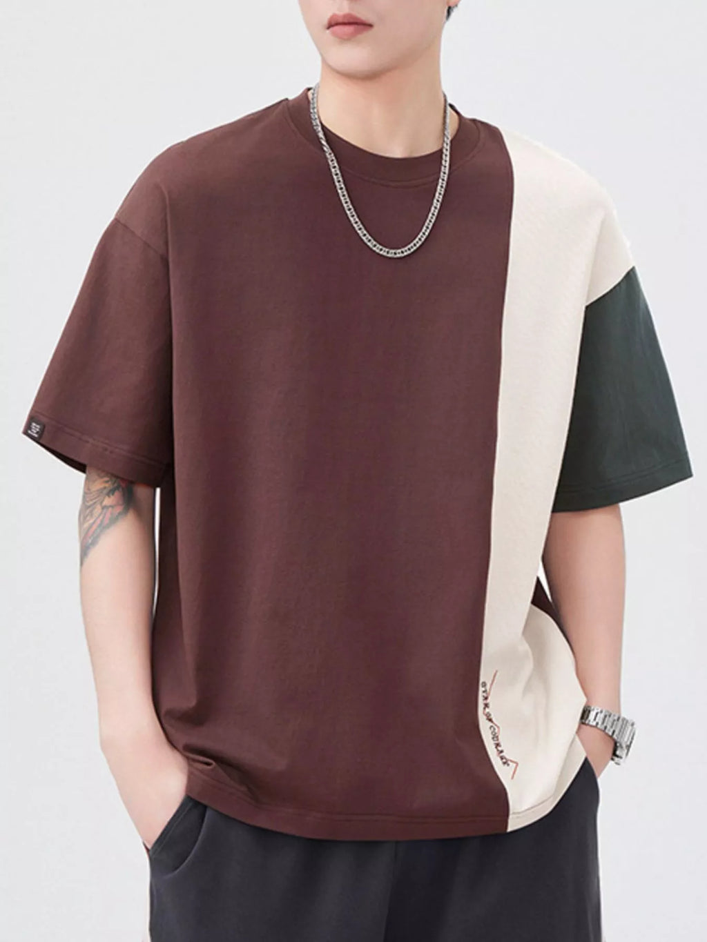 Plus Size Color Block Casual T-Shirt in Coffee Brown for Men