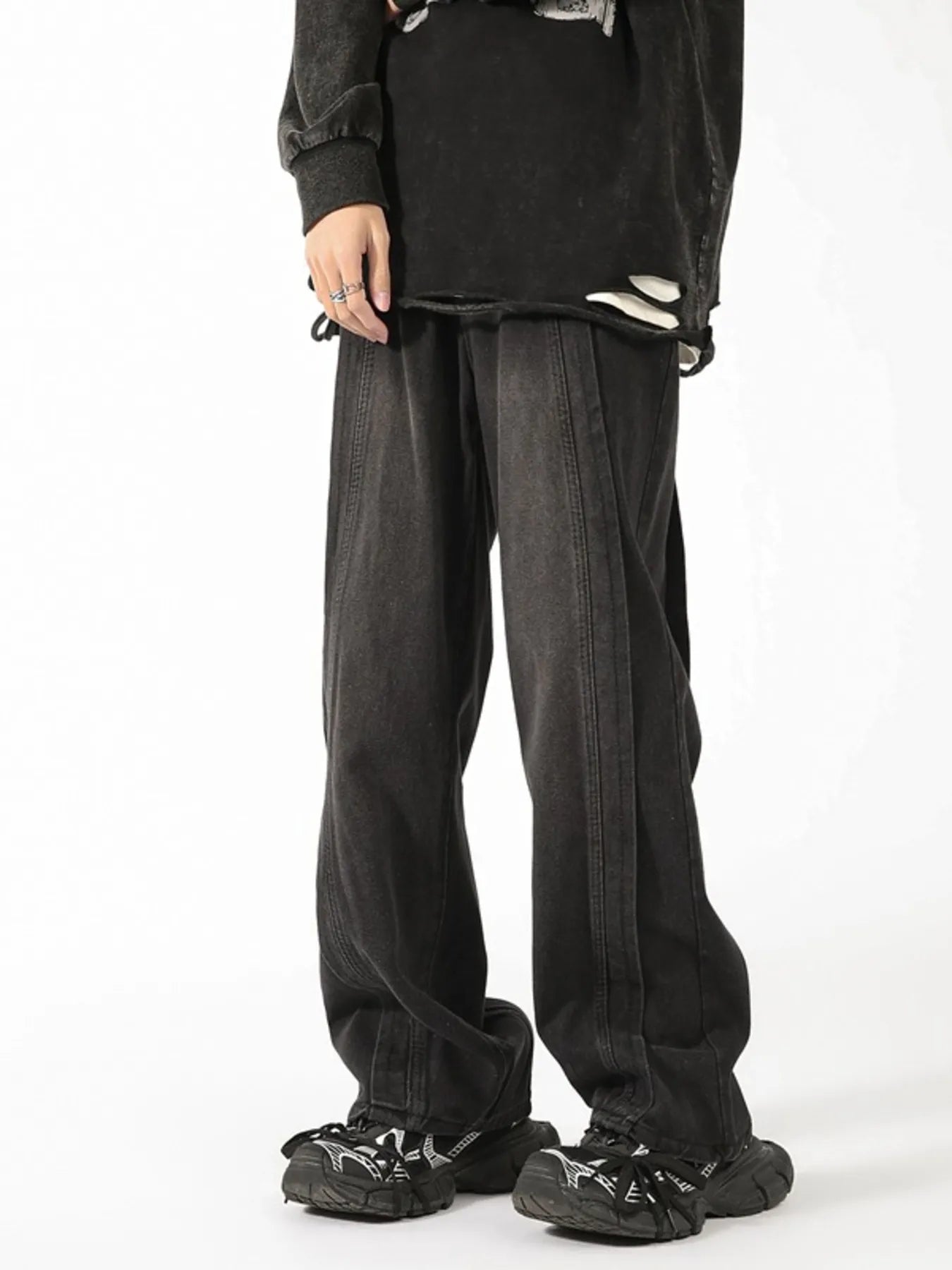 Plus Size Vintage Wash Wide Leg Jeans in Black for Men