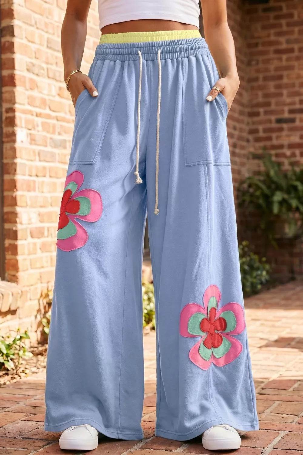 Color Block Flower Patchwork Drawstring Contrasted Elastic Waist Wide Leg Pants in Light Blue for Women