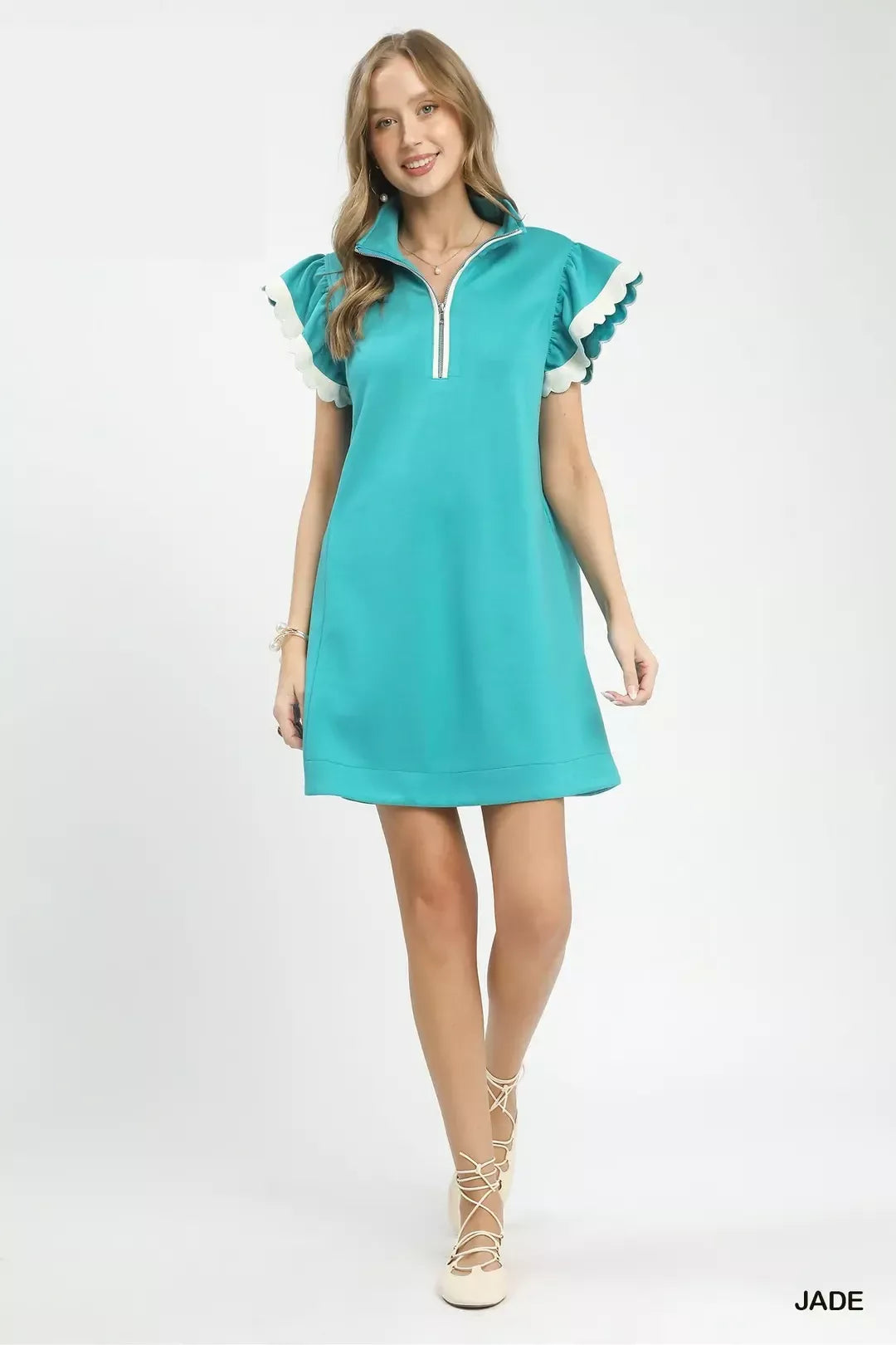Zip-Neck Flutter Sleeve Dress in Jade for Women
