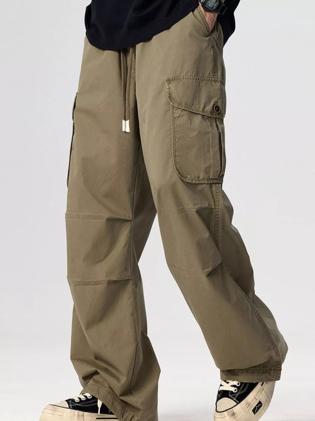 Plus Size Drawstring Wide Leg Cargo Pants in Black for Men