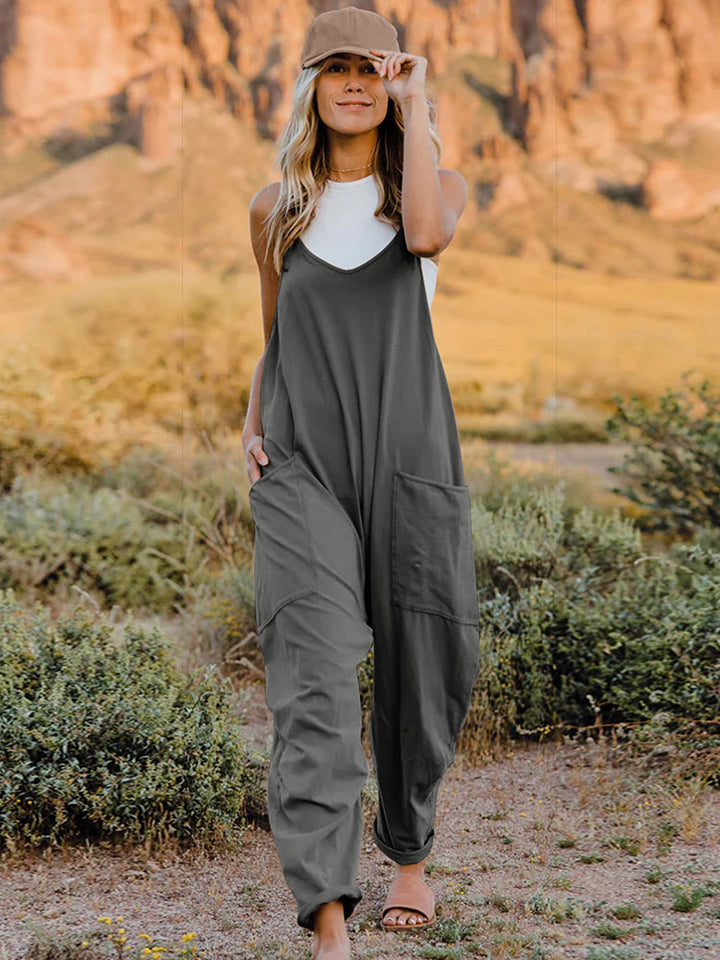Plus Size Sleeveless V-Neck Pocketed Jumpsuit in Dark Gray for Women