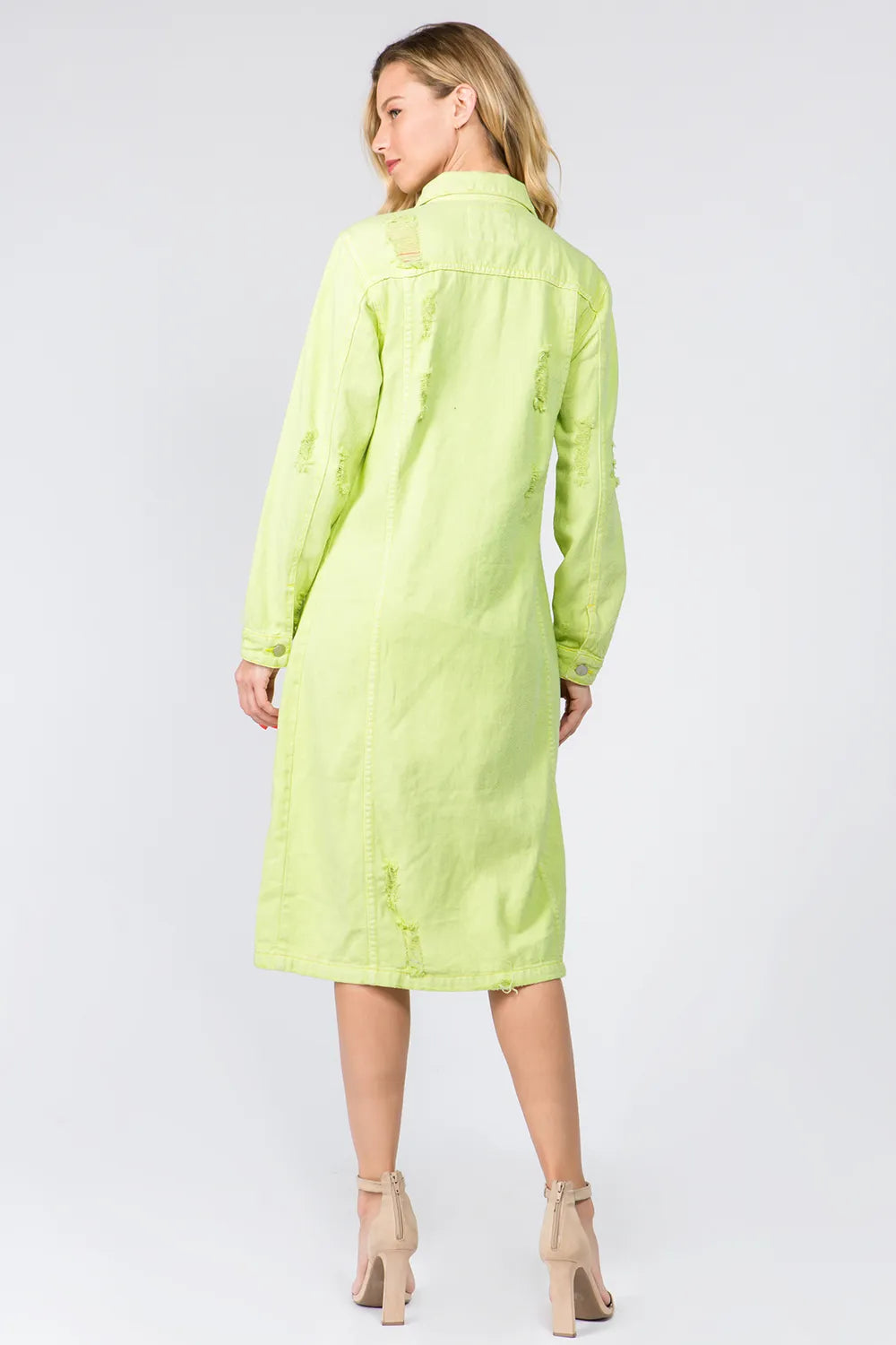 Button Up Distressed Denim Dress in Lime for Women
