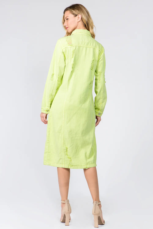 Button Up Distressed Denim Dress in Lime for Women