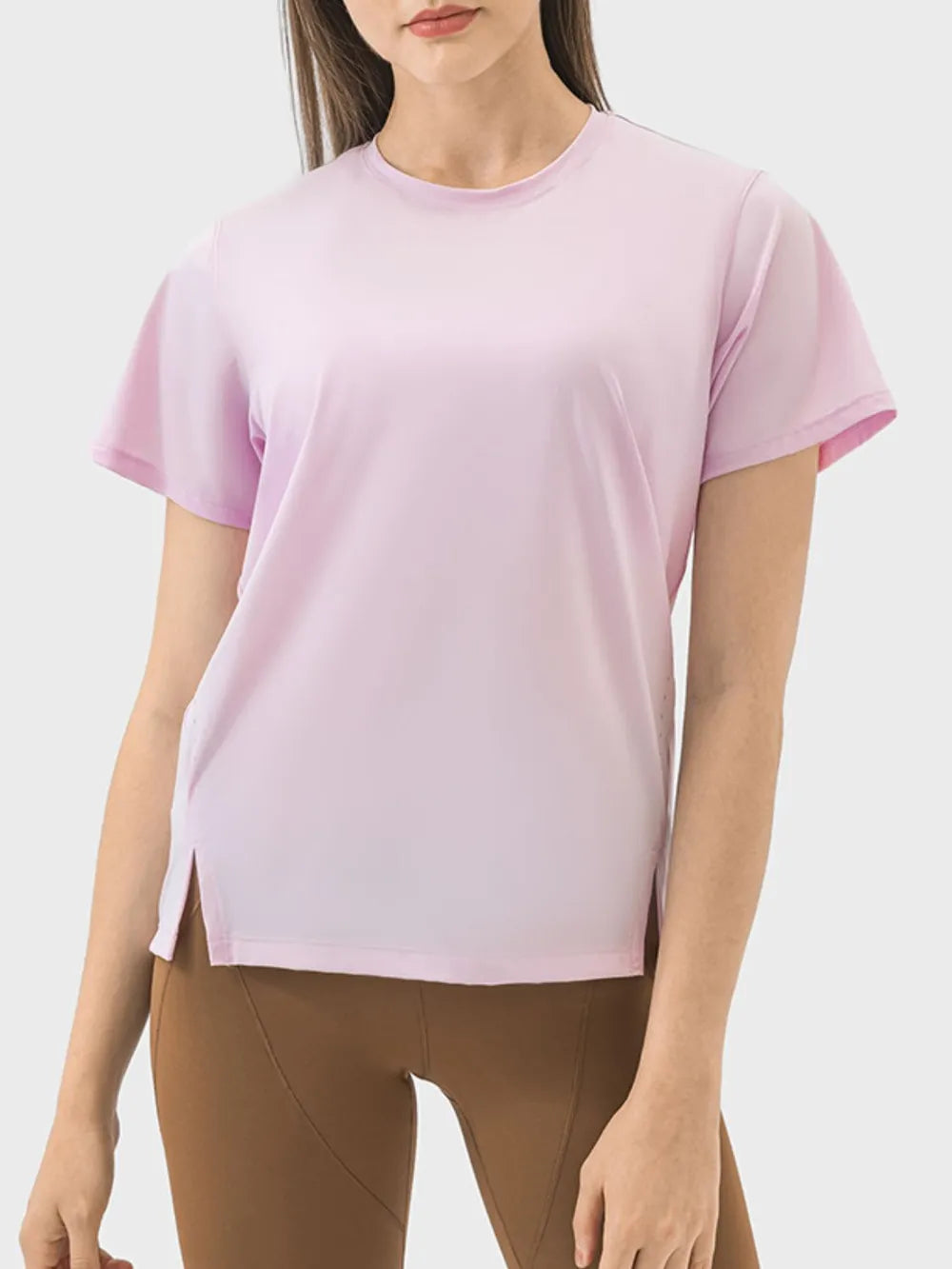 Slit Round Neck Short Sleeve Active T-Shirt in Dark Green for Women