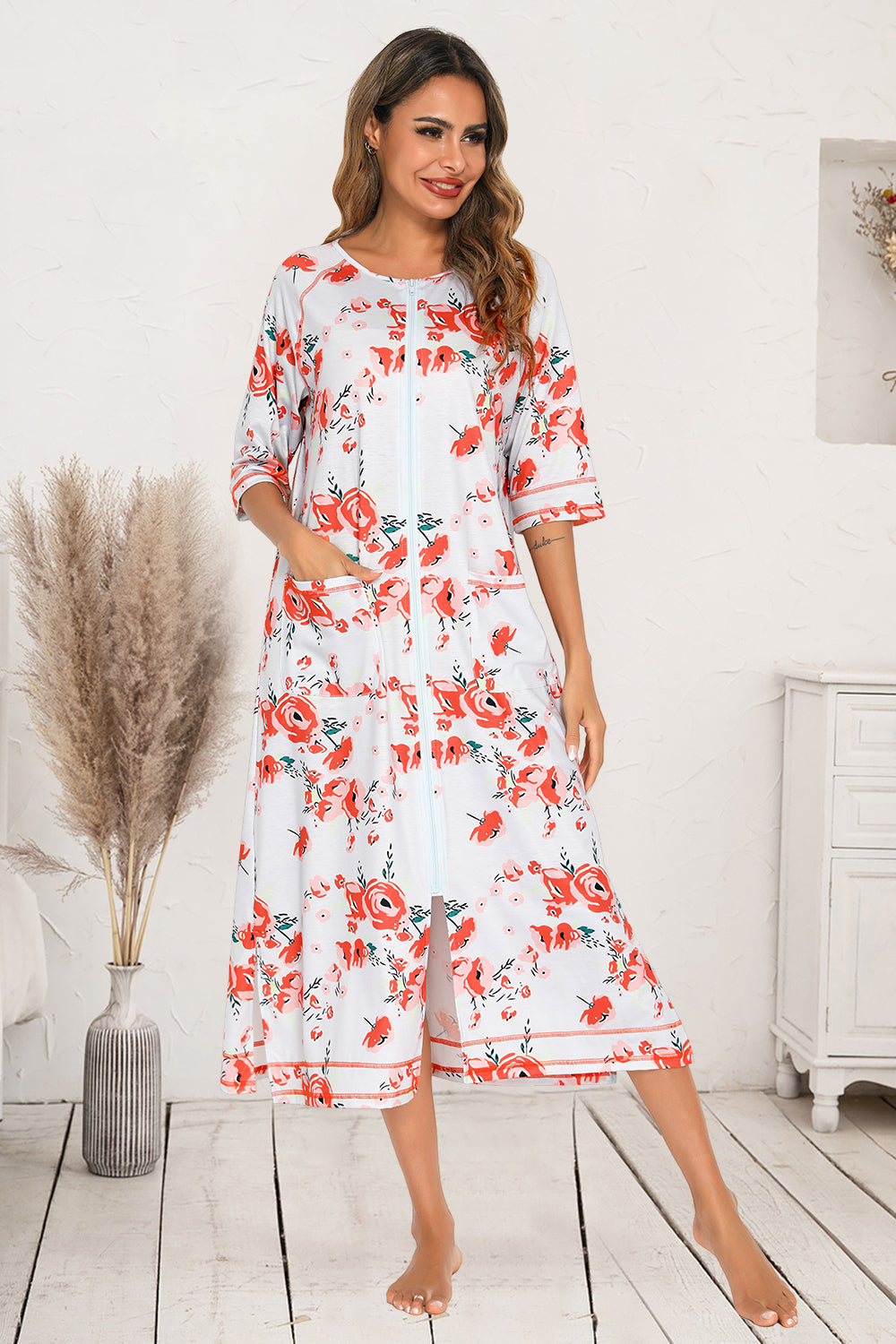 Printed Slit Night Dress with Pockets in Burnt Coral for Women