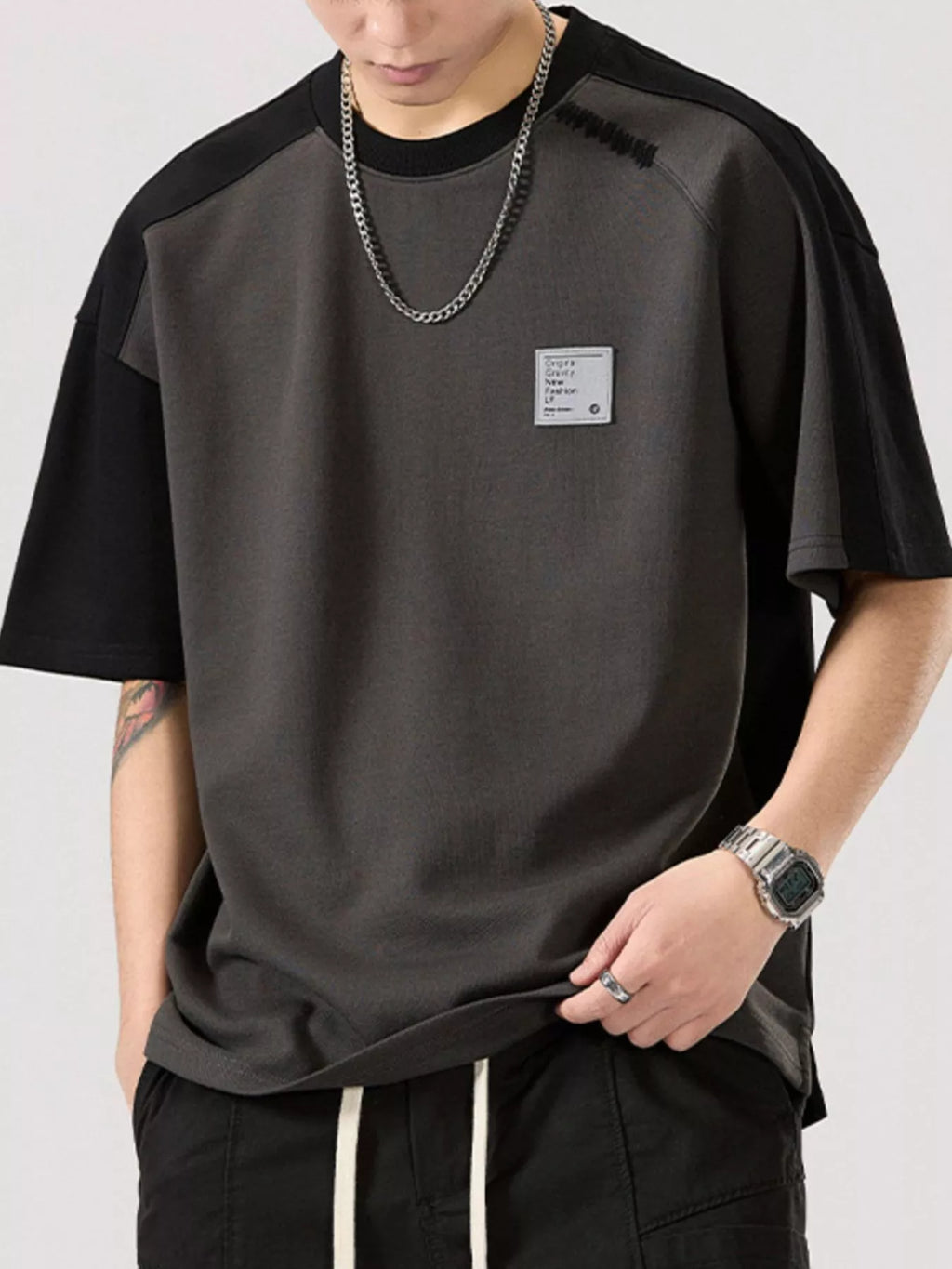 Contrast Round Neck Short Sleeve T-Shirt Plus Size in Retro Hemp Gray for Men